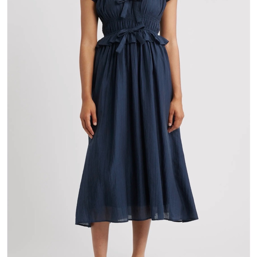 Moon River Navy Shirred Midi Dress